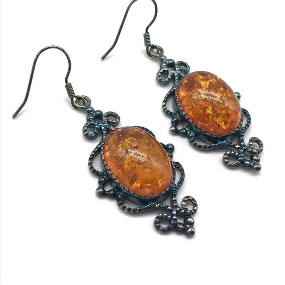 Vintage 925 Sterling Silver Large Baltic Amber Statement Ladies Drop Earrings - Picture 2 of 5